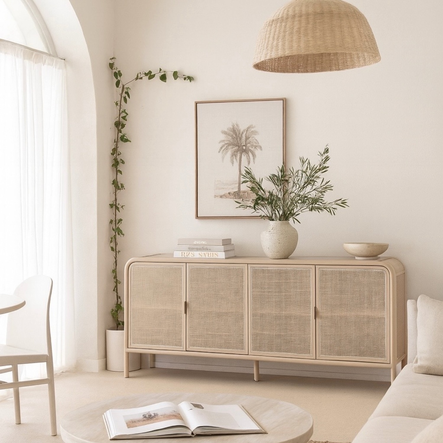 Buffet 4 portes en sapin et cannelage en rotin Soller