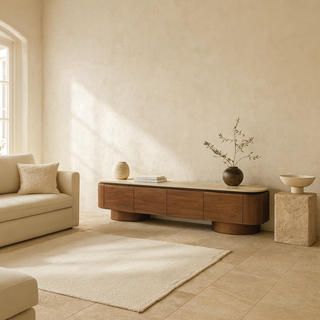 Meuble TV Portofino – Bois teinté noyer et plateau en pierre coloris travertin