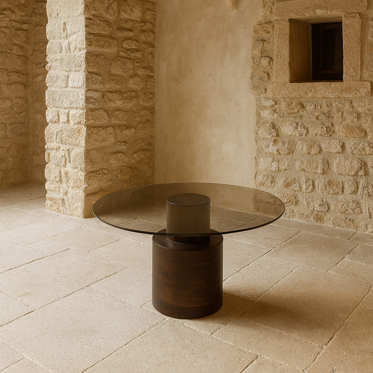 Table basse moderne en verre fumé et bois de manguier Barcelona